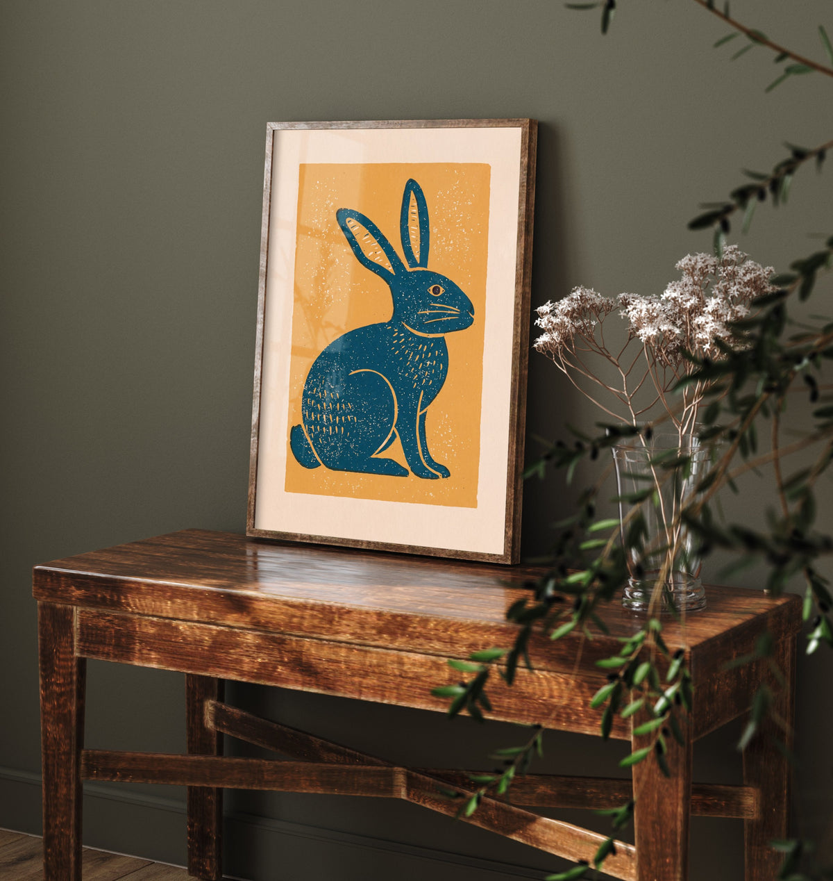 Hare Art Print - Rustic Linocut Countryside Illustration - Mustard Folk Animal Nursery Poster 3/3