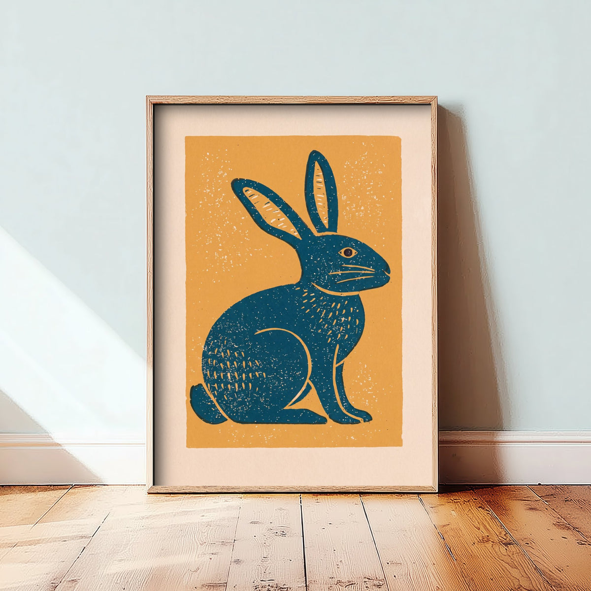 Hare Art Print - Rustic Linocut Countryside Illustration - Mustard Folk Animal Nursery Poster 3/3