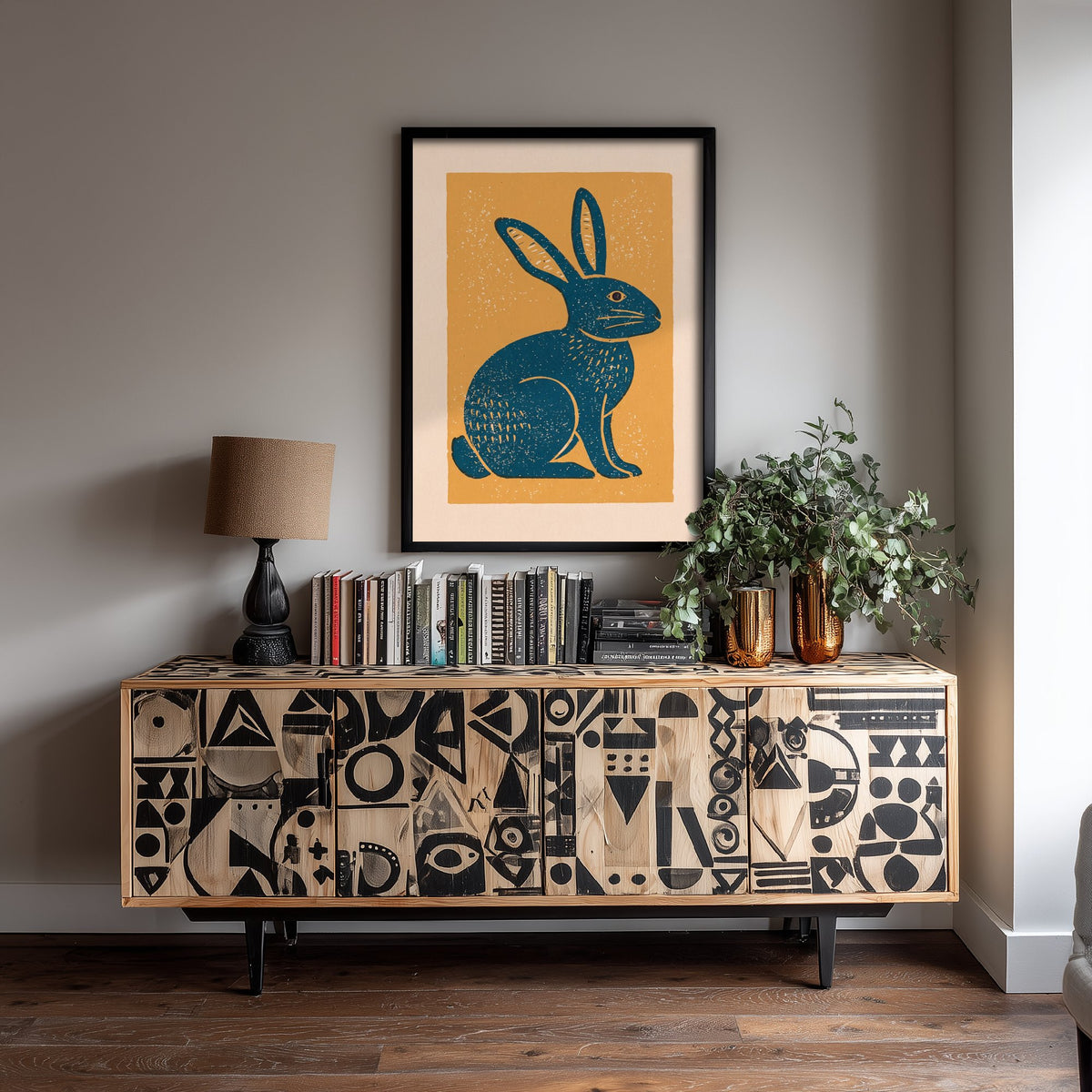 Hare Art Print - Rustic Linocut Countryside Illustration - Mustard Folk Animal Nursery Poster 3/3
