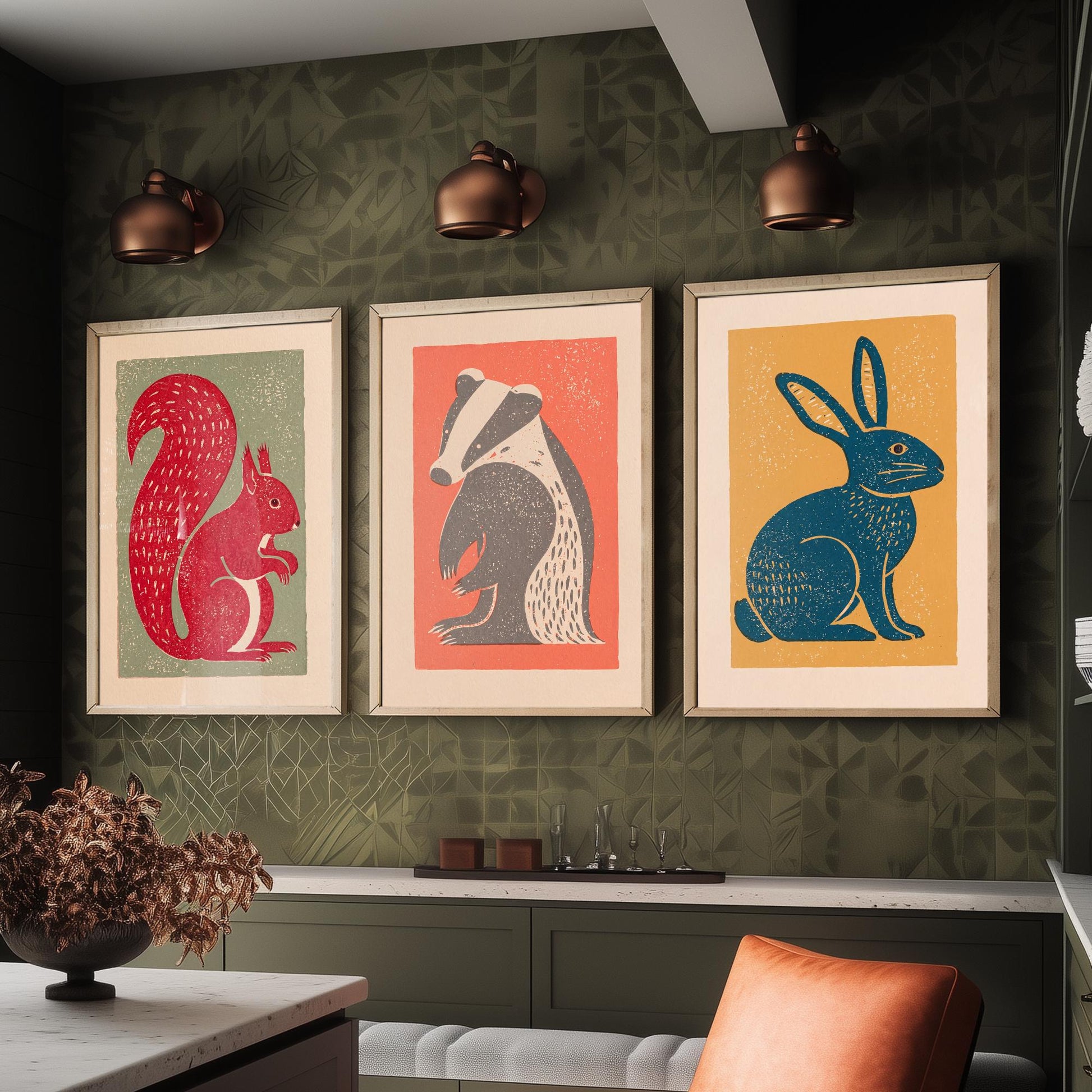Red Squirrel Badger Hare Set of Three Art Prints - Countryside Linocut Trio - 3 Rustic Animal Illustrations - Nursery Poster
