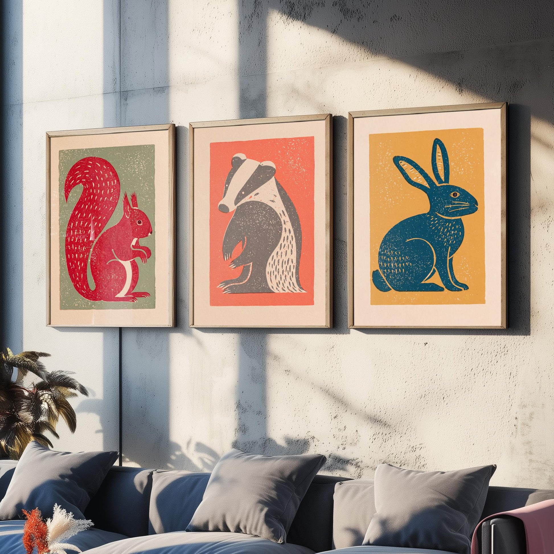Red Squirrel Badger Hare Set of Three Art Prints - Countryside Linocut Trio - 3 Rustic Animal Illustrations - Nursery Poster