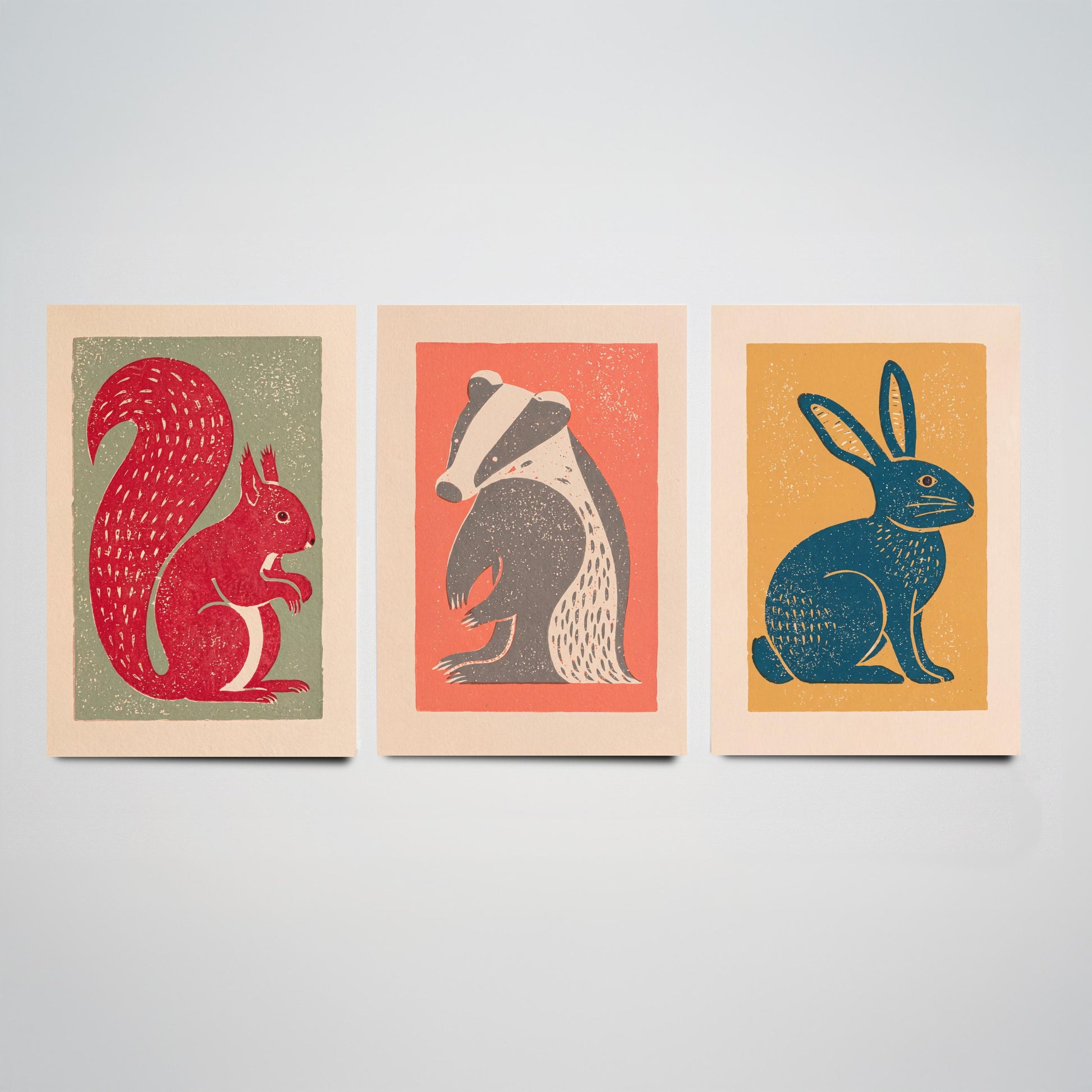 Red Squirrel Badger Hare Set of Three Art Prints - Countryside Linocut Trio - 3 Rustic Animal Illustrations - Nursery Poster
