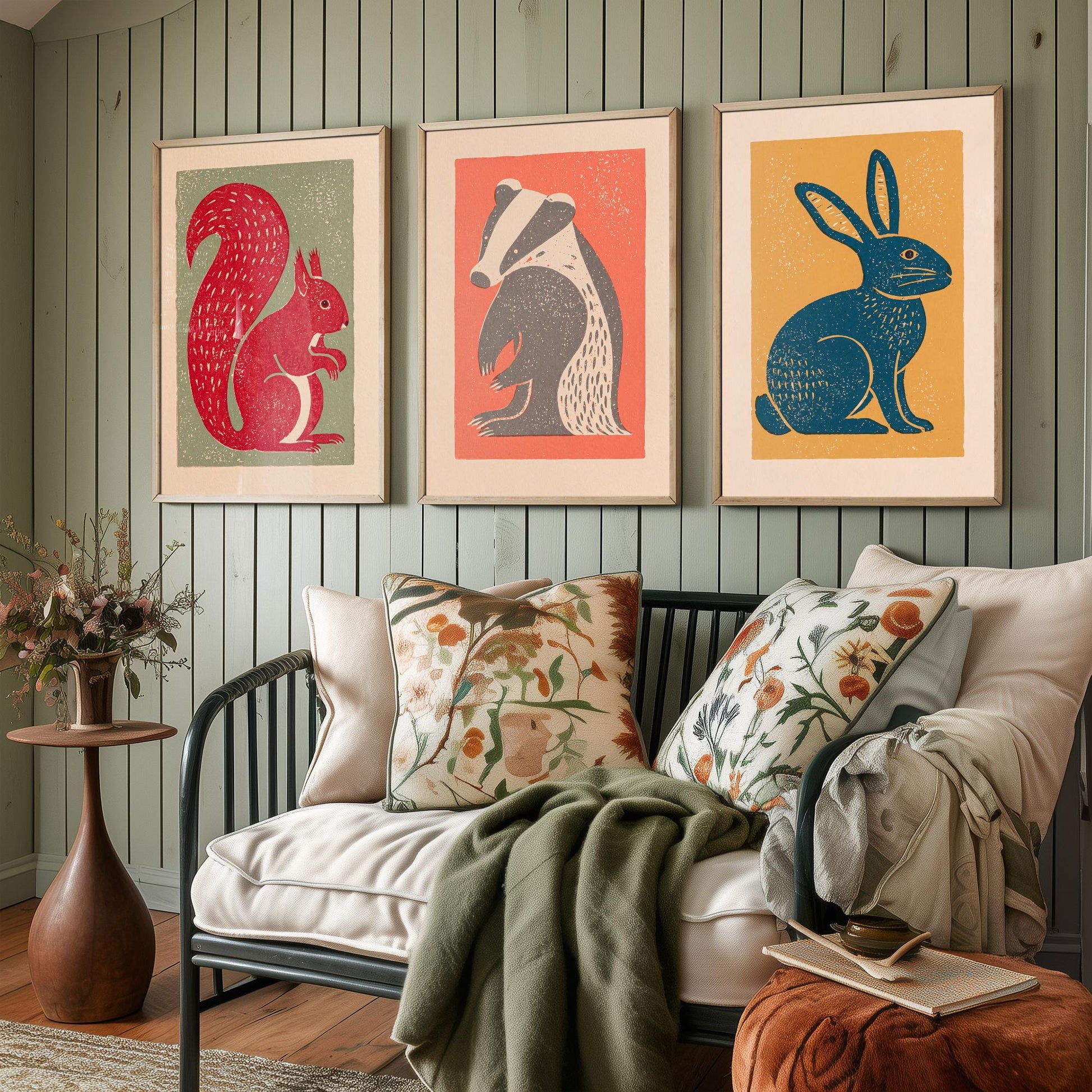 Red Squirrel Badger Hare Set of Three Art Prints - Countryside Linocut Trio - 3 Rustic Animal Illustrations - Nursery Poster