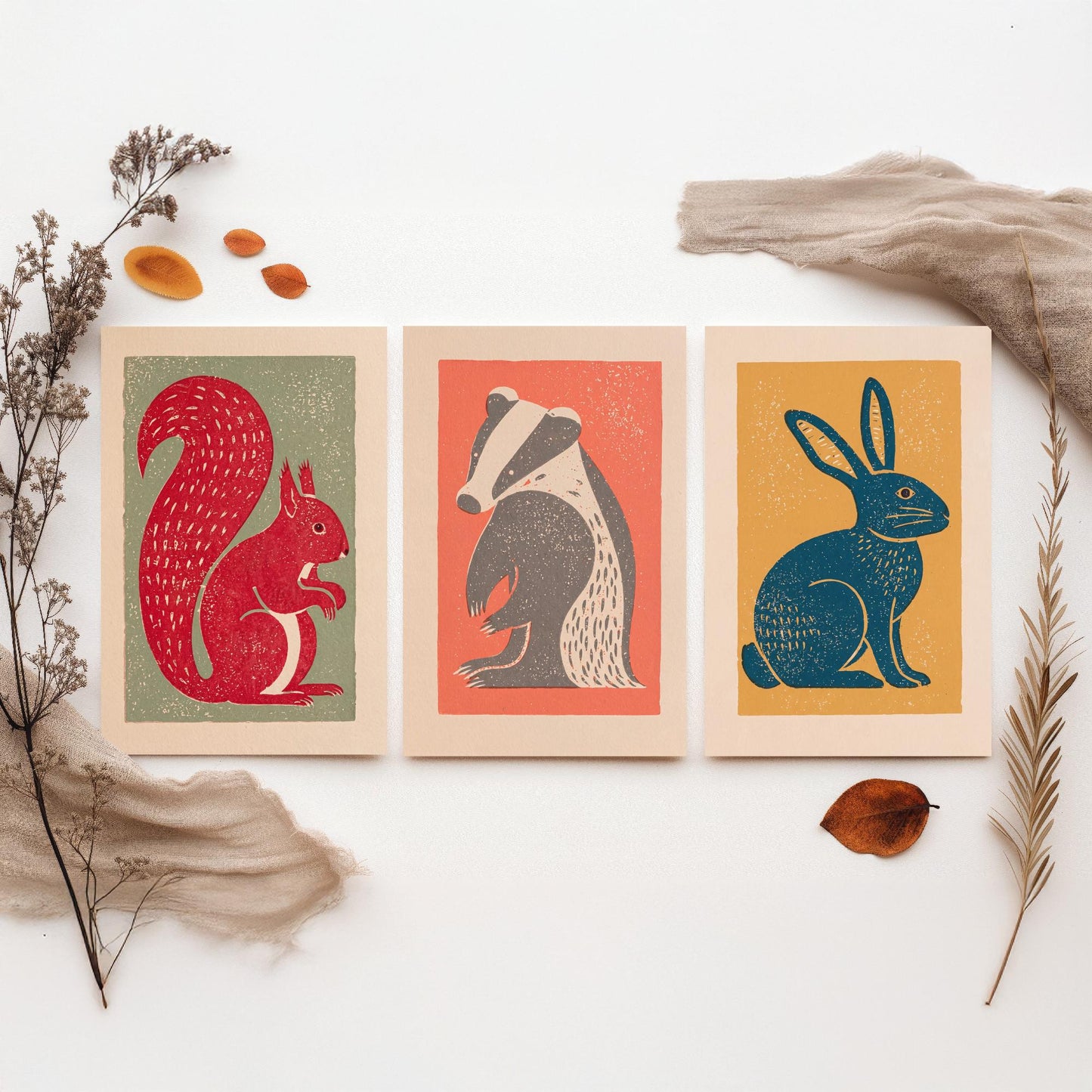 Red Squirrel Badger Hare Set of Three Art Prints - Countryside Linocut Trio - 3 Rustic Animal Illustrations - Nursery Poster