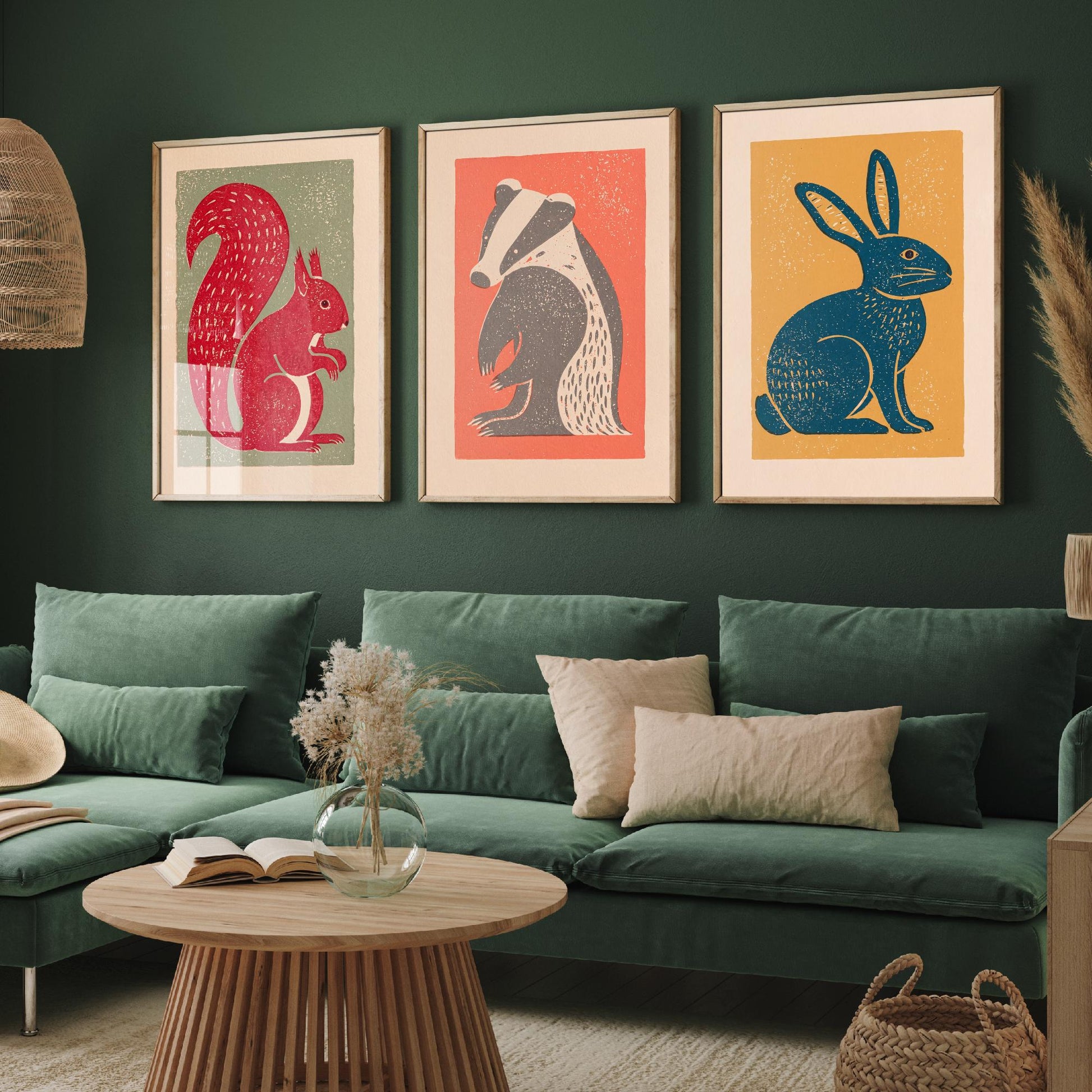 Red Squirrel Badger Hare Set of Three Art Prints - Countryside Linocut Trio - 3 Rustic Animal Illustrations - Nursery Poster