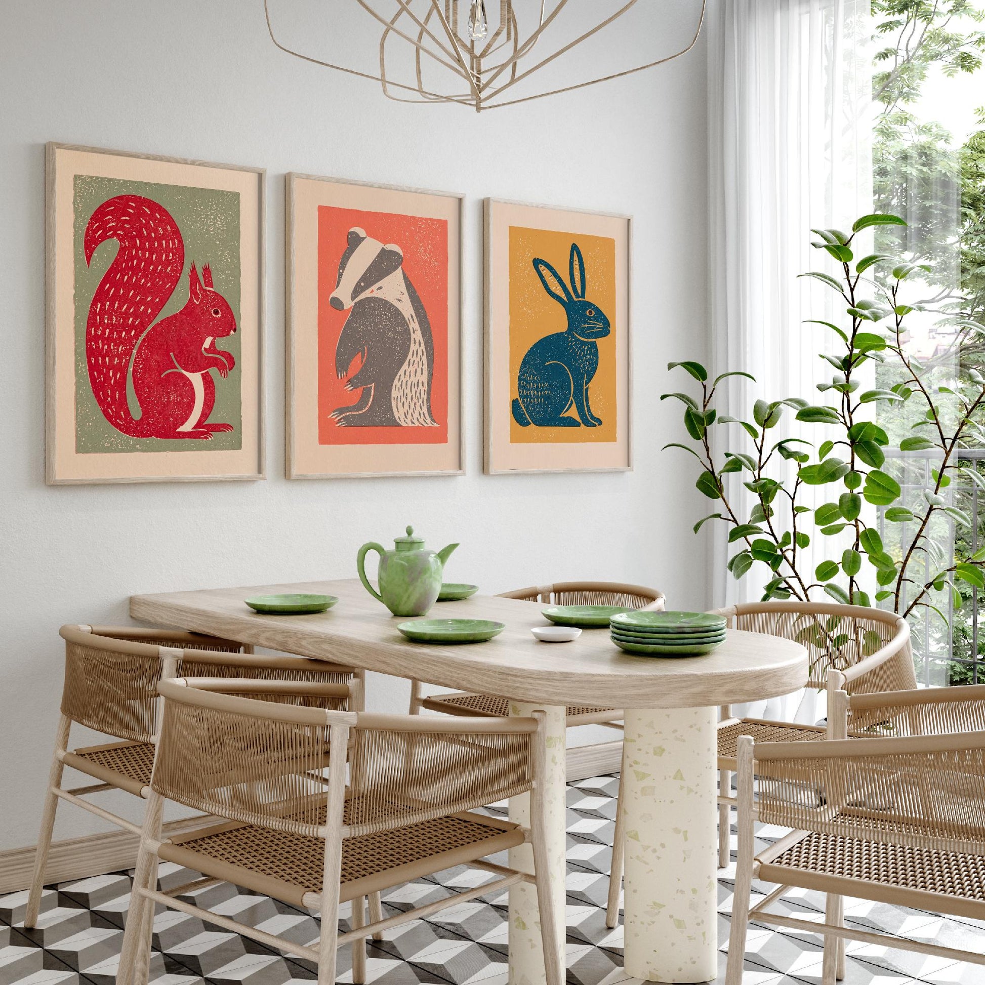Red Squirrel Badger Hare Set of Three Art Prints - Countryside Linocut Trio - 3 Rustic Animal Illustrations - Nursery Poster