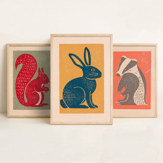 Red Squirrel Badger Hare Set of Three Art Prints - Countryside Linocut Trio - 3 Rustic Animal Illustrations - Nursery Poster