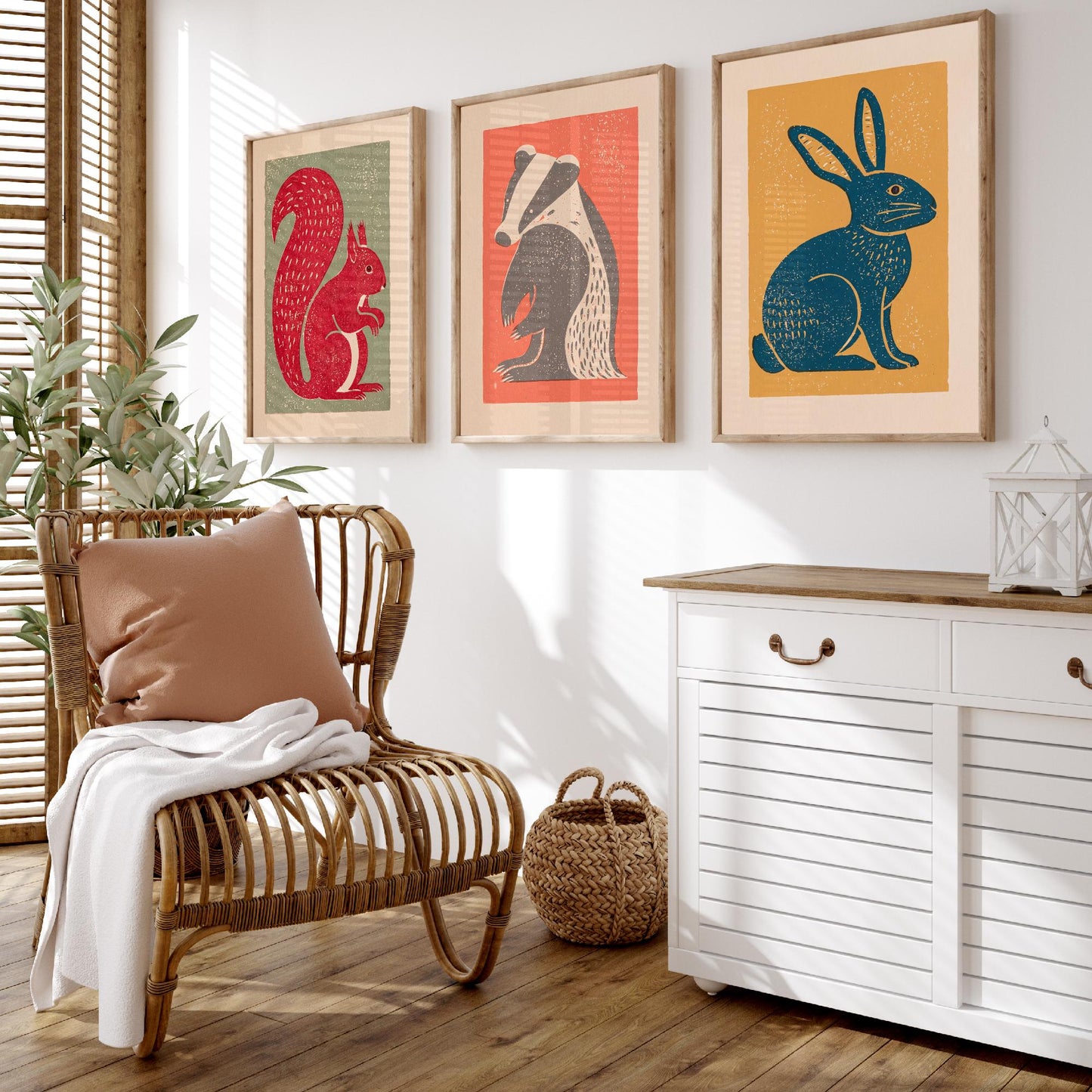 Red Squirrel Badger Hare Set of Three Art Prints - Countryside Linocut Trio - 3 Rustic Animal Illustrations - Nursery Poster