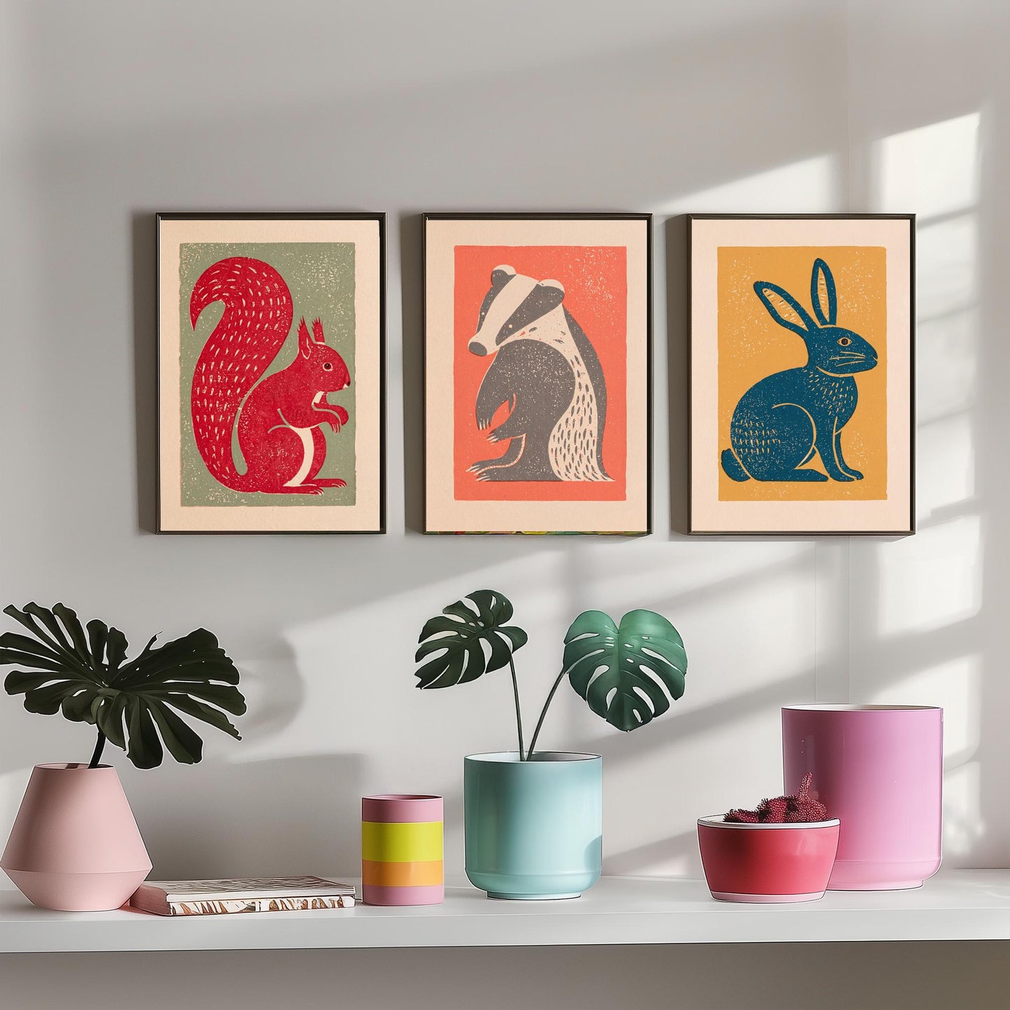 Red Squirrel Badger Hare Set of Three Art Prints - Countryside Linocut Trio - 3 Rustic Animal Illustrations - Nursery Poster