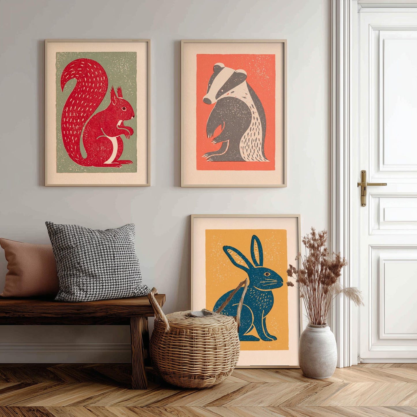 Red Squirrel Badger Hare Set of Three Art Prints - Countryside Linocut Trio - 3 Rustic Animal Illustrations - Nursery Poster