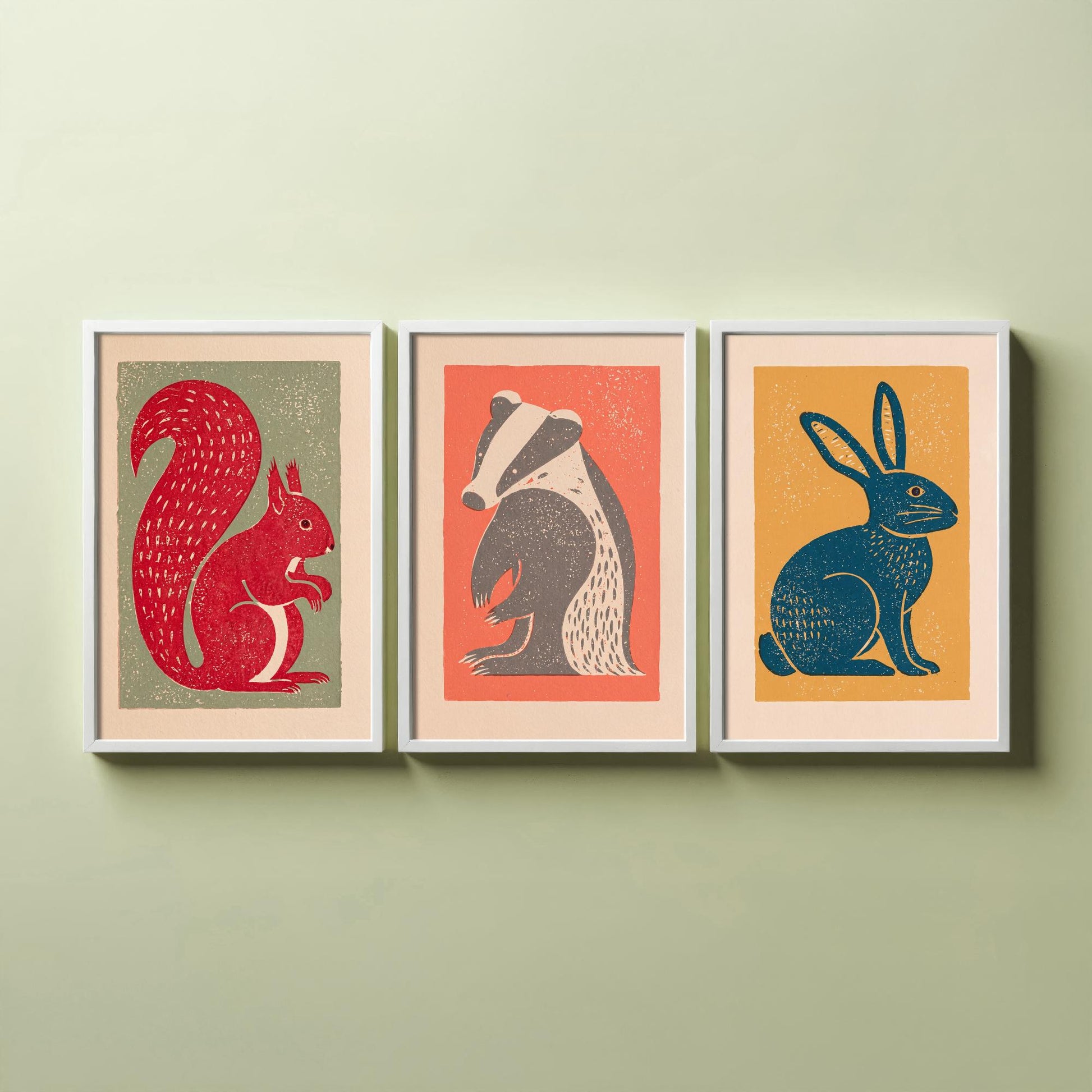 Red Squirrel Badger Hare Set of Three Art Prints - Countryside Linocut Trio - 3 Rustic Animal Illustrations - Nursery Poster