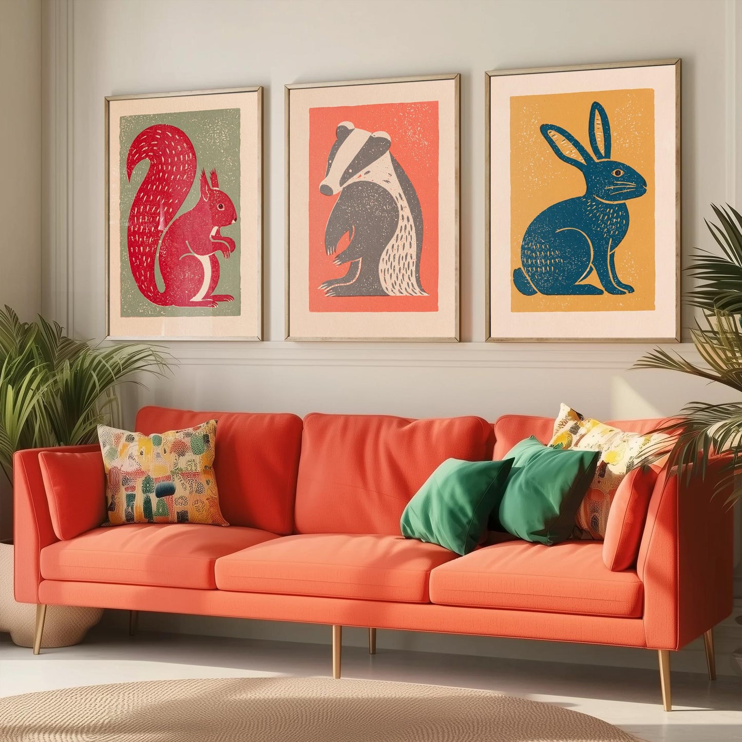 Red Squirrel Badger Hare Set of Three Art Prints - Countryside Linocut Trio - 3 Rustic Animal Illustrations - Nursery Poster
