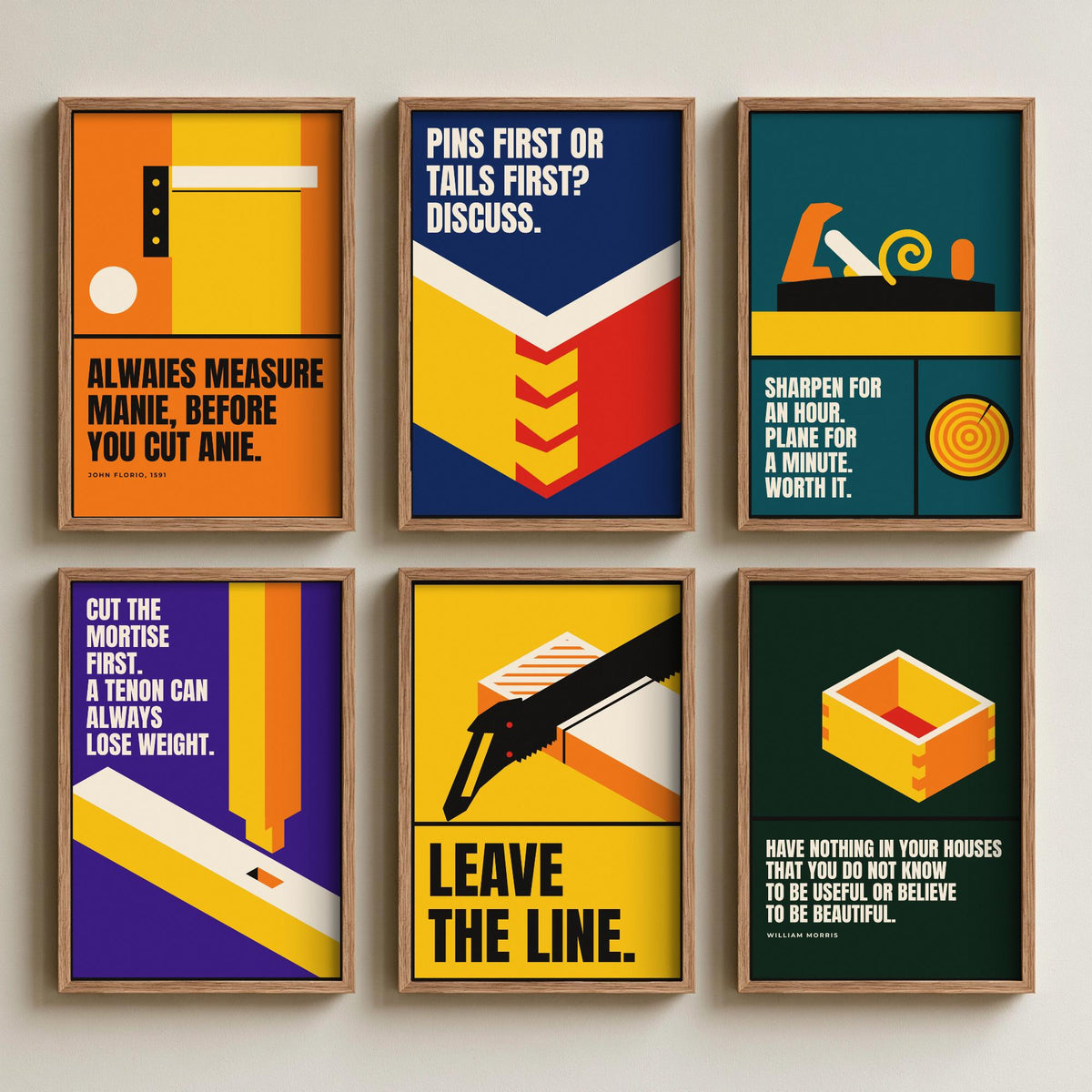 Set of Six Woodworking Quote Art Prints - 6 Bauhaus Carpentry Posters - Minimalist Craft Illustration - Dovetail, Plane, Saw