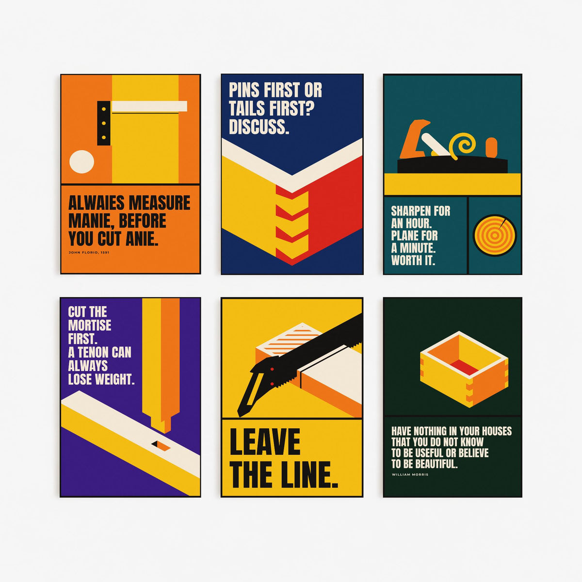 Set of Six Woodworking Quote Art Prints - 6 Bauhaus Carpentry Posters - Minimalist Craft Illustration - Dovetail, Plane, Saw