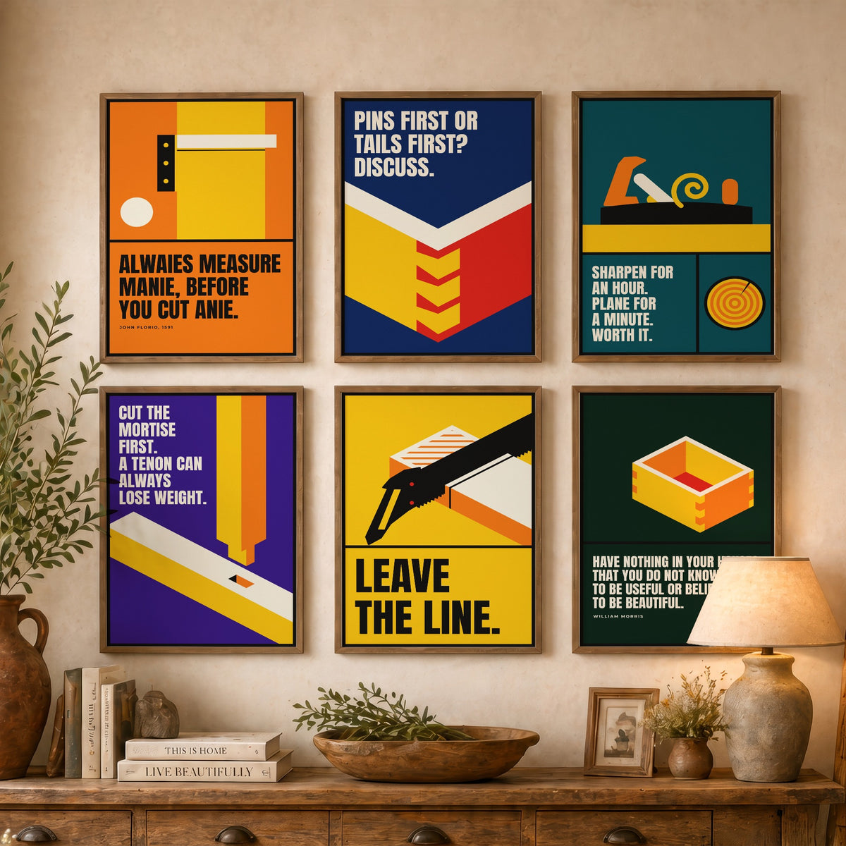 Set of Six Woodworking Quote Art Prints - 6 Bauhaus Carpentry Posters - Minimalist Craft Illustration - Dovetail, Plane, Saw