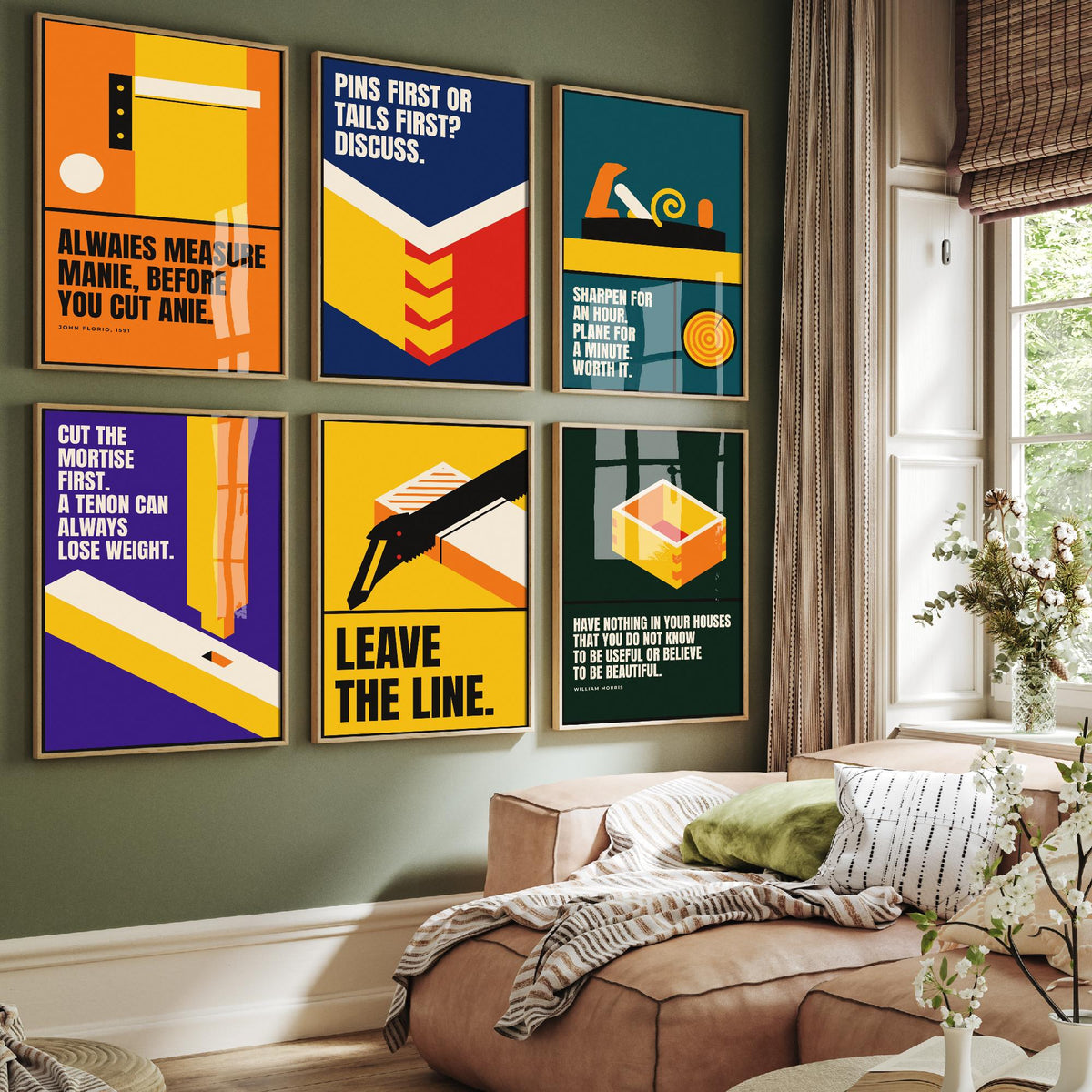 Set of Six Woodworking Quote Art Prints - 6 Bauhaus Carpentry Posters - Minimalist Craft Illustration - Dovetail, Plane, Saw