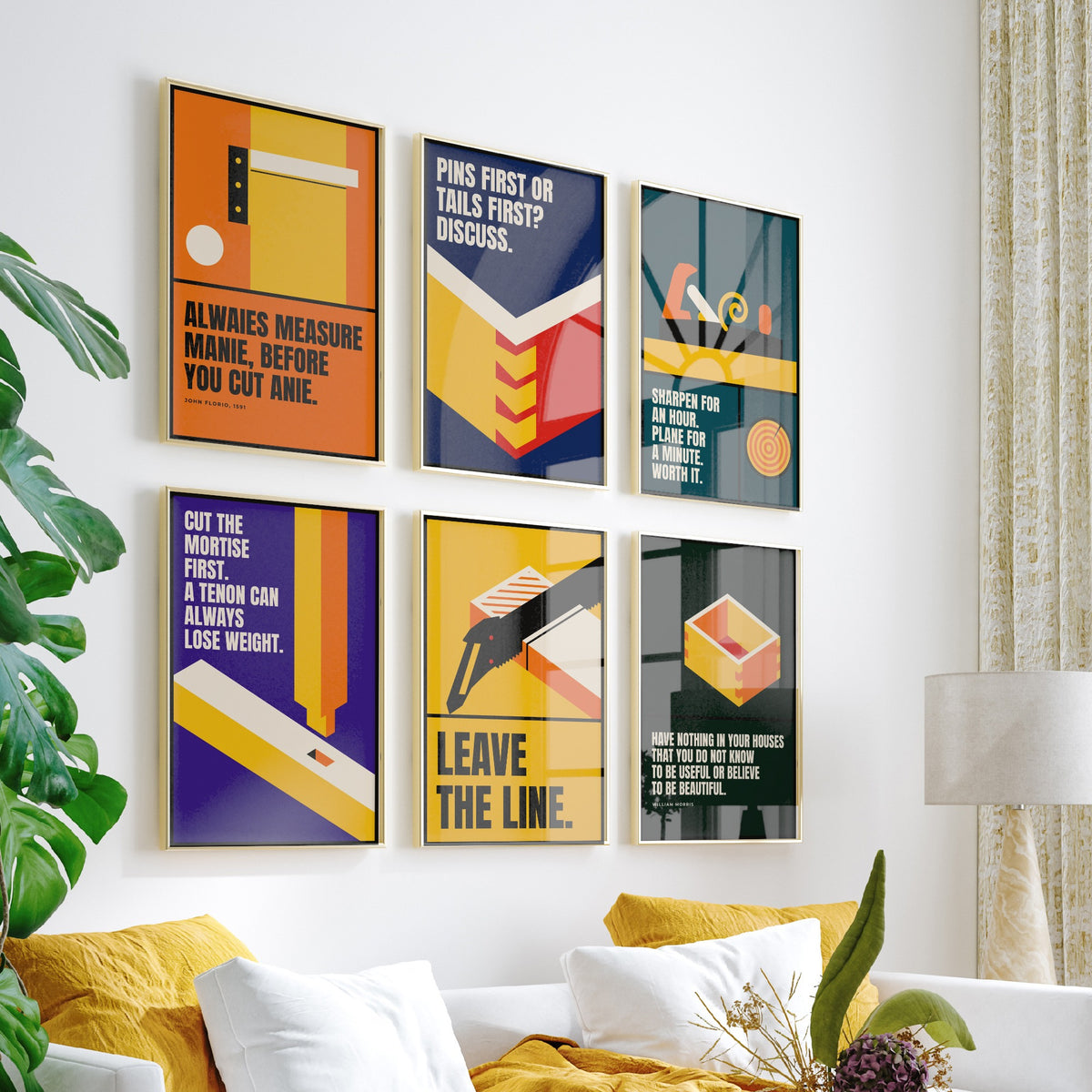 Set of Six Woodworking Quote Art Prints - 6 Bauhaus Carpentry Posters - Minimalist Craft Illustration - Dovetail, Plane, Saw