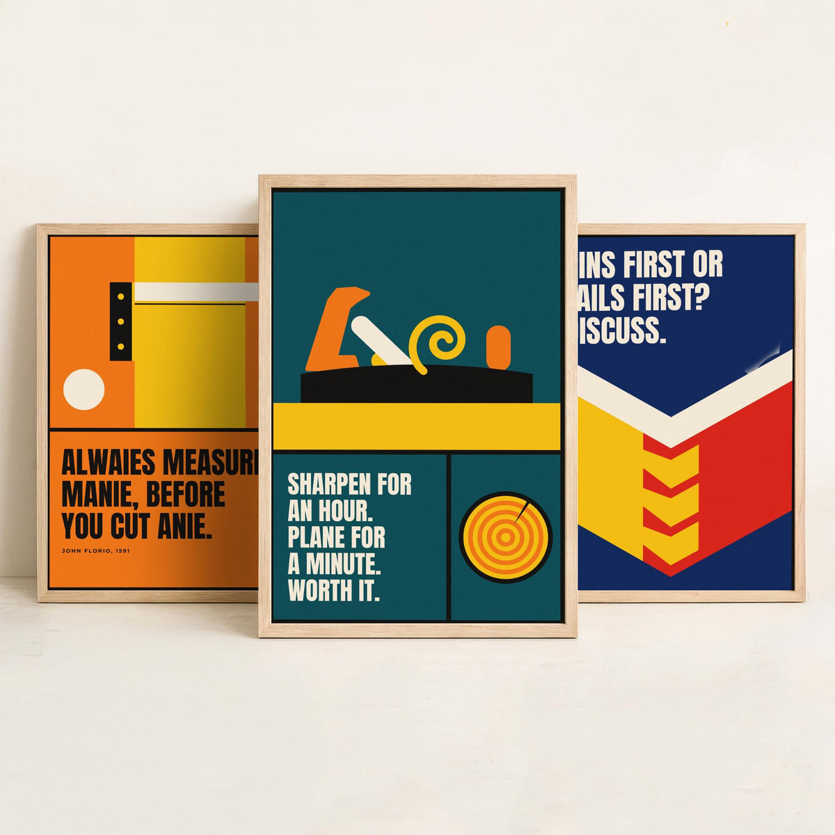 Woodworking Quotes Set of Three Art Prints - 3 Bauhaus Carpentry Posters - Minimalist Craft Wall Art Illustration V1