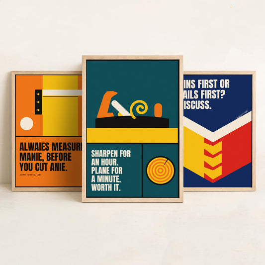 Woodworking Quotes Set of Three Art Prints - 3 Bauhaus Carpentry Posters - Minimalist Craft Wall Art Illustration V1