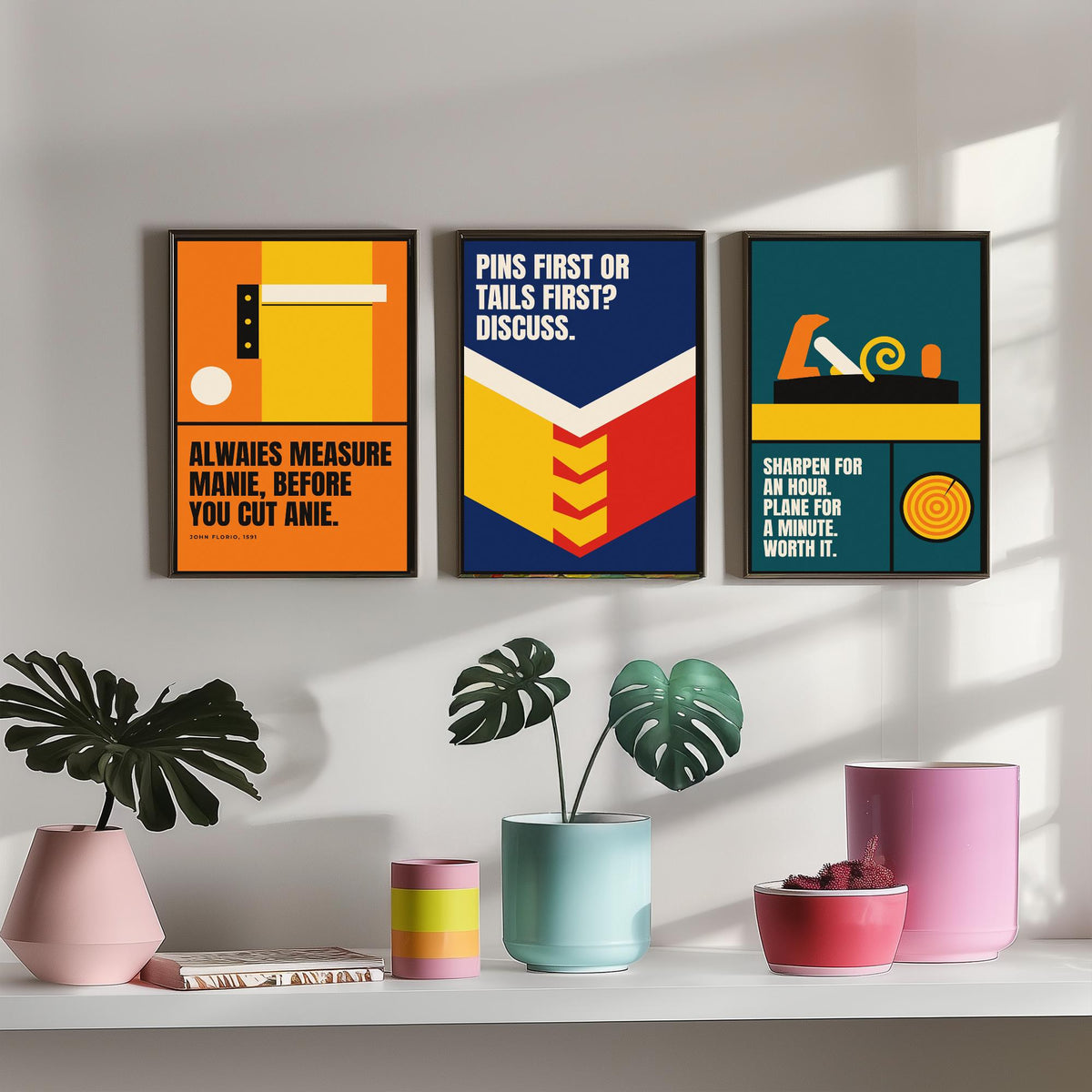 Woodworking Quotes Set of Three Art Prints - 3 Bauhaus Carpentry Posters - Minimalist Craft Wall Art Illustration V1