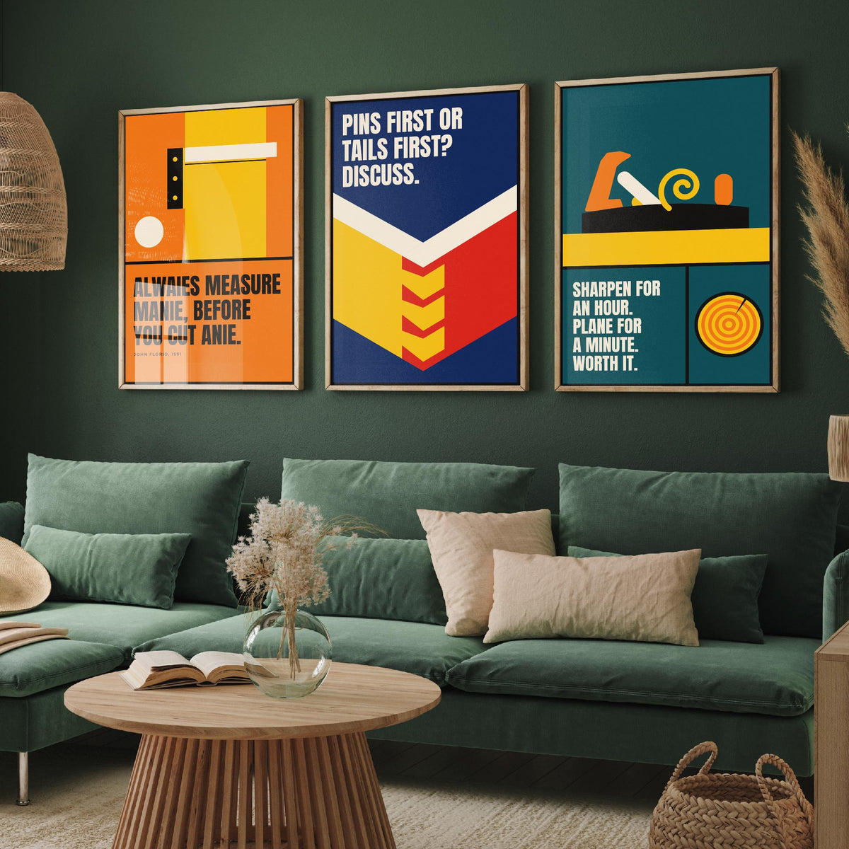 Woodworking Quotes Set of Three Art Prints - 3 Bauhaus Carpentry Posters - Minimalist Craft Wall Art Illustration V1