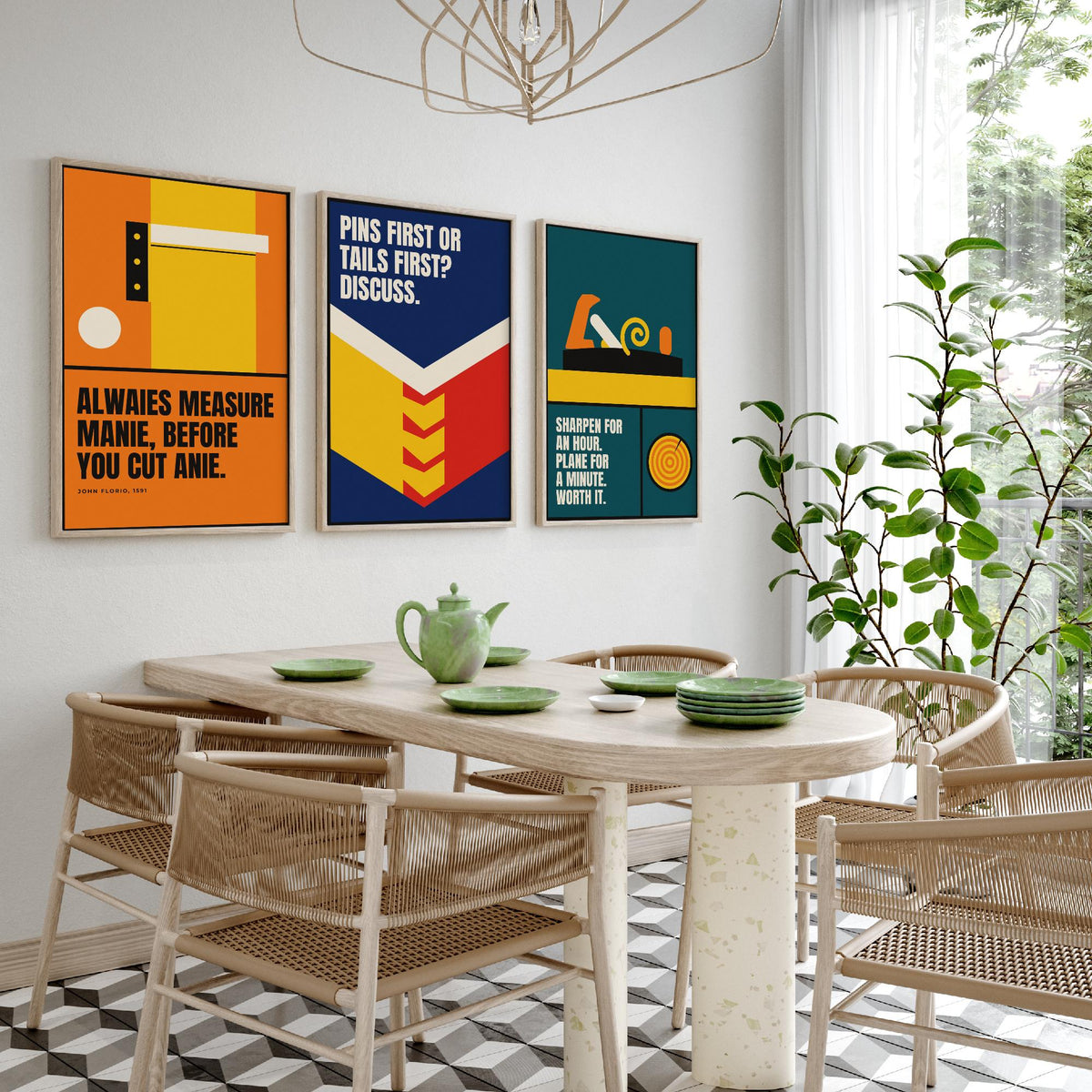 Woodworking Quotes Set of Three Art Prints - 3 Bauhaus Carpentry Posters - Minimalist Craft Wall Art Illustration V1