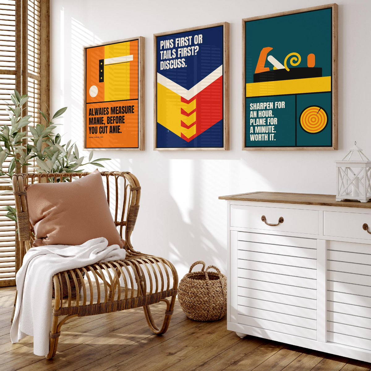 Woodworking Quotes Set of Three Art Prints - 3 Bauhaus Carpentry Posters - Minimalist Craft Wall Art Illustration V1