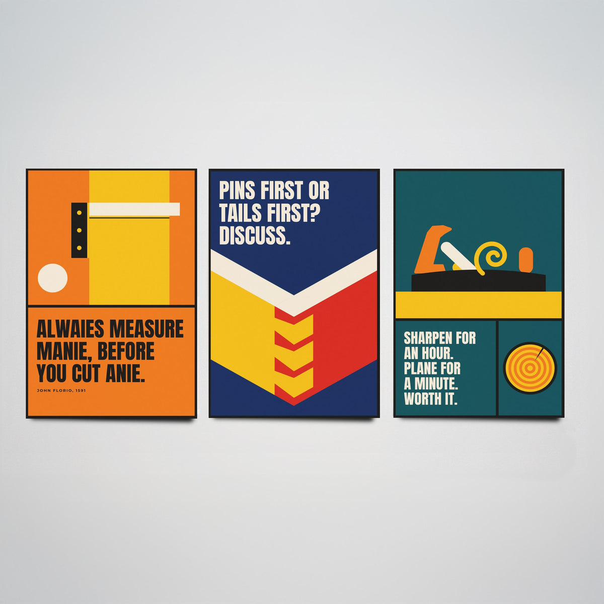 Woodworking Quotes Set of Three Art Prints - 3 Bauhaus Carpentry Posters - Minimalist Craft Wall Art Illustration V1