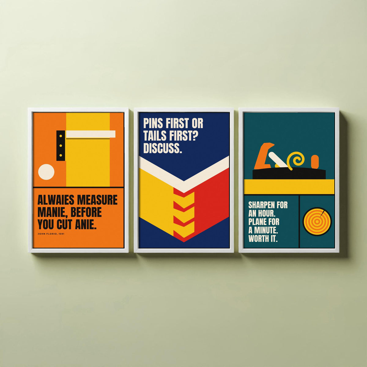 Woodworking Quotes Set of Three Art Prints - 3 Bauhaus Carpentry Posters - Minimalist Craft Wall Art Illustration V1