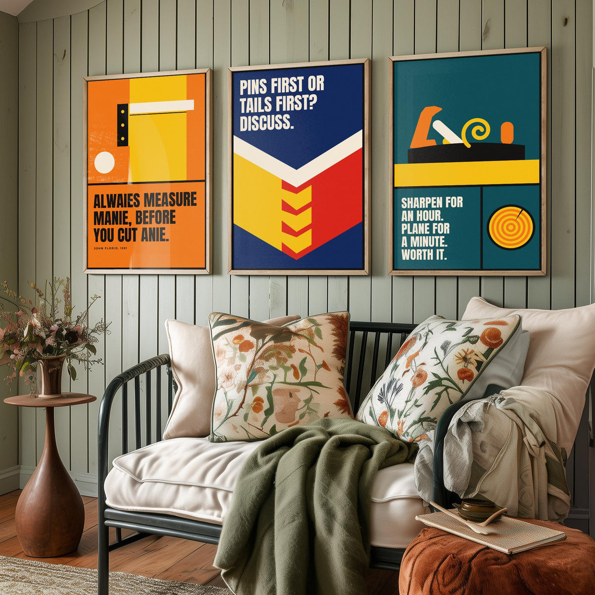 Woodworking Quotes Set of Three Art Prints - 3 Bauhaus Carpentry Posters - Minimalist Craft Wall Art Illustration V1