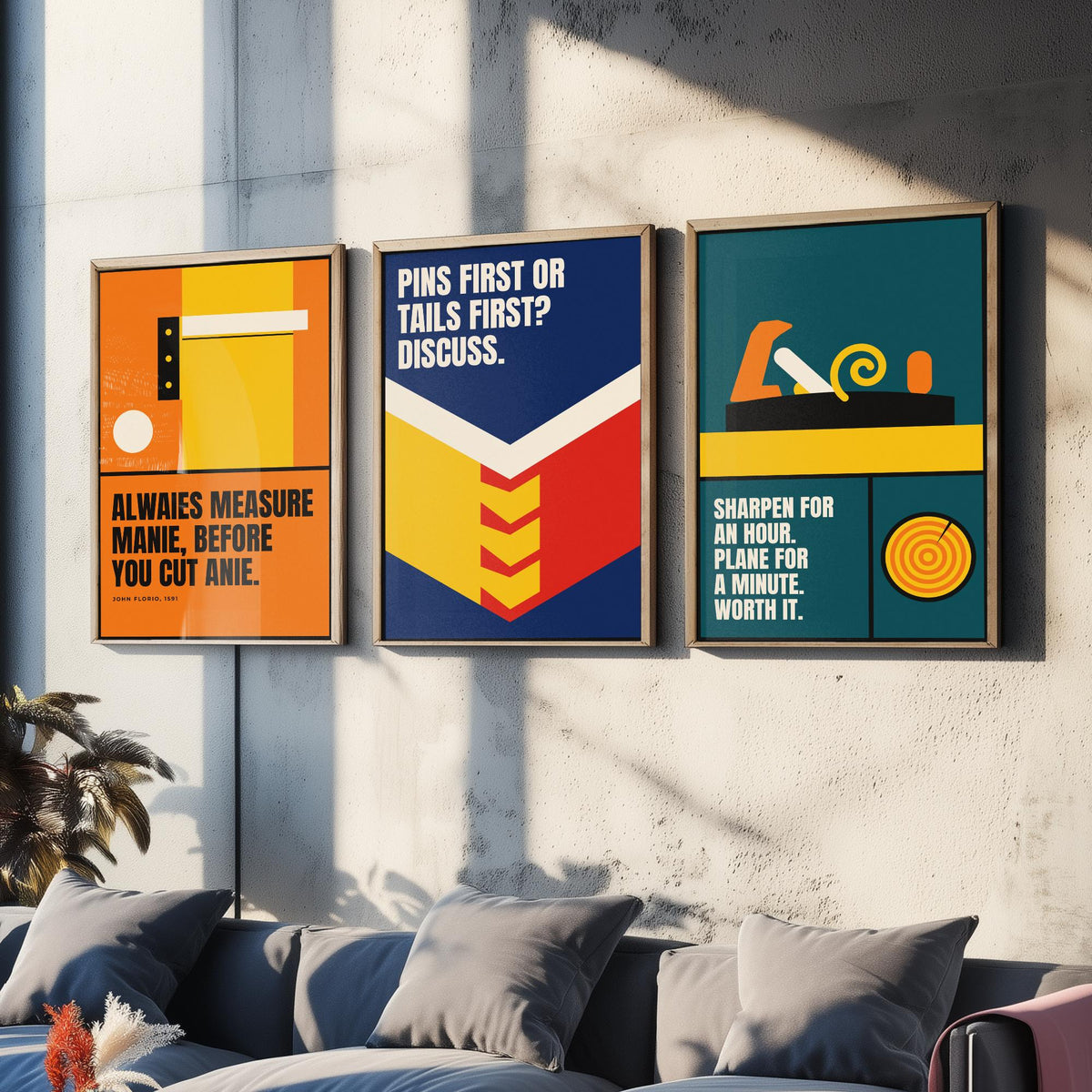 Woodworking Quotes Set of Three Art Prints - 3 Bauhaus Carpentry Posters - Minimalist Craft Wall Art Illustration V1