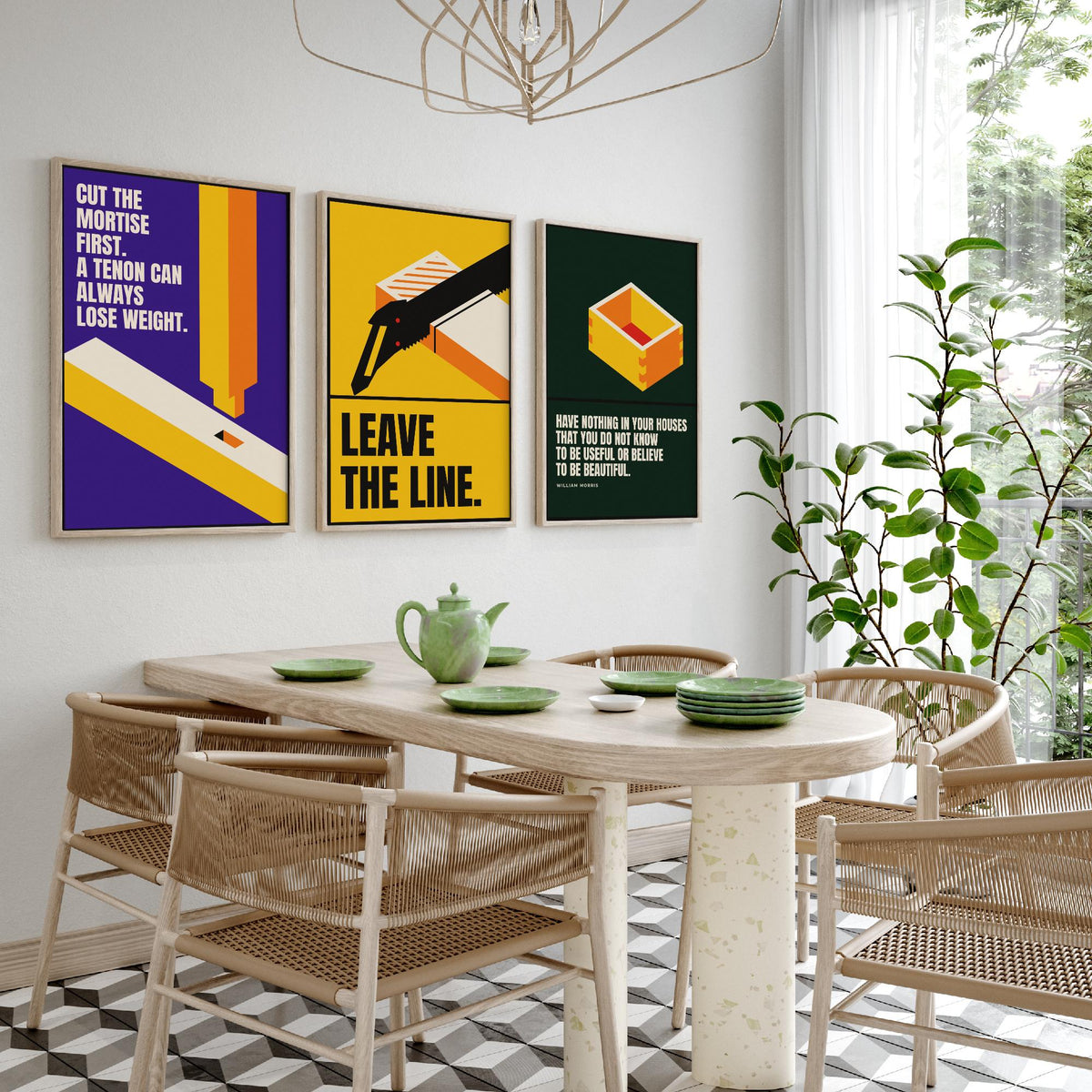 Woodworking Quotes Set of Three Art Prints - 3 Retro Bauhaus Carpentry Posters - Minimalist Craft Wall Art Illustration V2