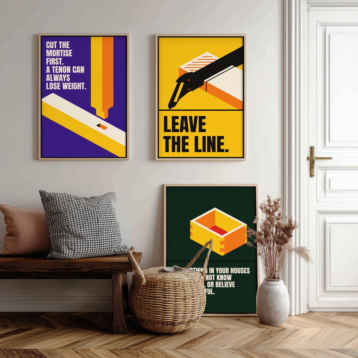 Woodworking Quotes Set of Three Art Prints - 3 Retro Bauhaus Carpentry Posters - Minimalist Craft Wall Art Illustration V2
