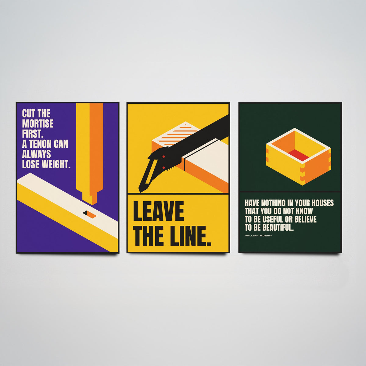 Woodworking Quotes Set of Three Art Prints - 3 Retro Bauhaus Carpentry Posters - Minimalist Craft Wall Art Illustration V2