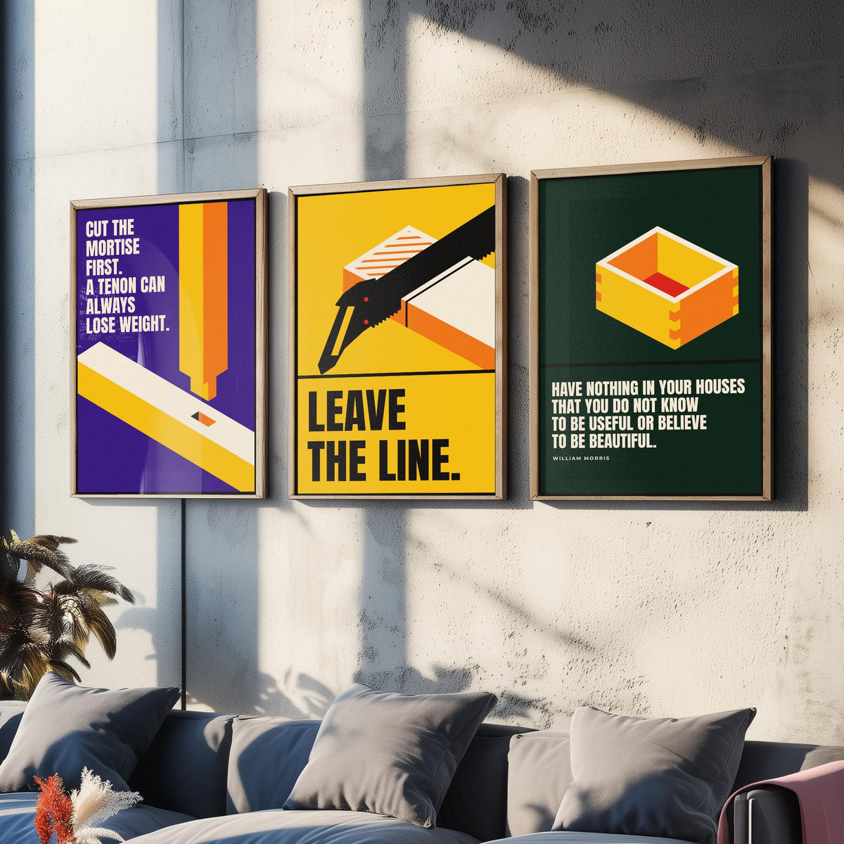 Woodworking Quotes Set of Three Art Prints - 3 Retro Bauhaus Carpentry Posters - Minimalist Craft Wall Art Illustration V2