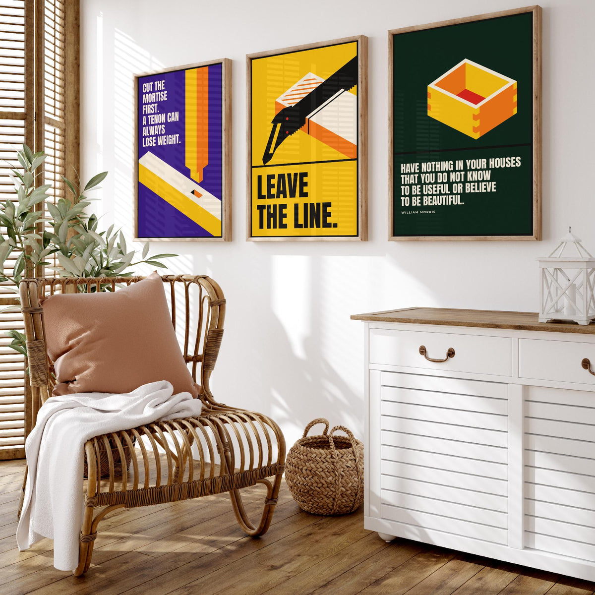 Woodworking Quotes Set of Three Art Prints - 3 Retro Bauhaus Carpentry Posters - Minimalist Craft Wall Art Illustration V2