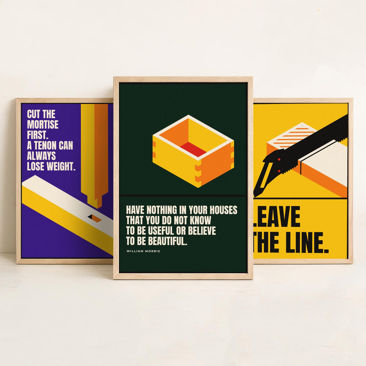 Woodworking Quotes Set of Three Art Prints - 3 Retro Bauhaus Carpentry Posters - Minimalist Craft Wall Art Illustration V2