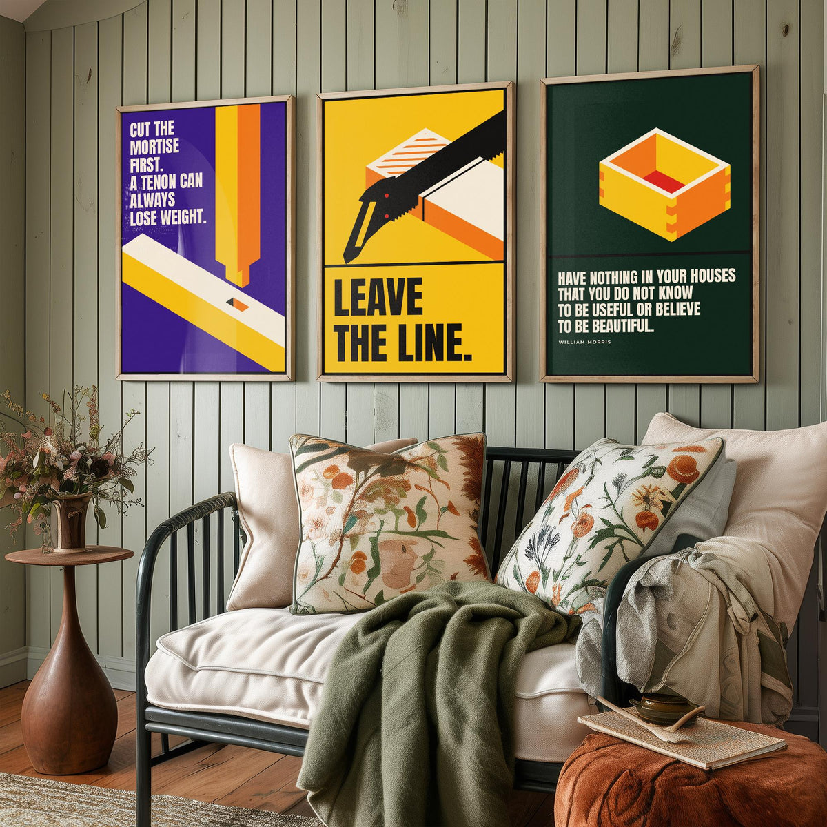 Woodworking Quotes Set of Three Art Prints - 3 Retro Bauhaus Carpentry Posters - Minimalist Craft Wall Art Illustration V2