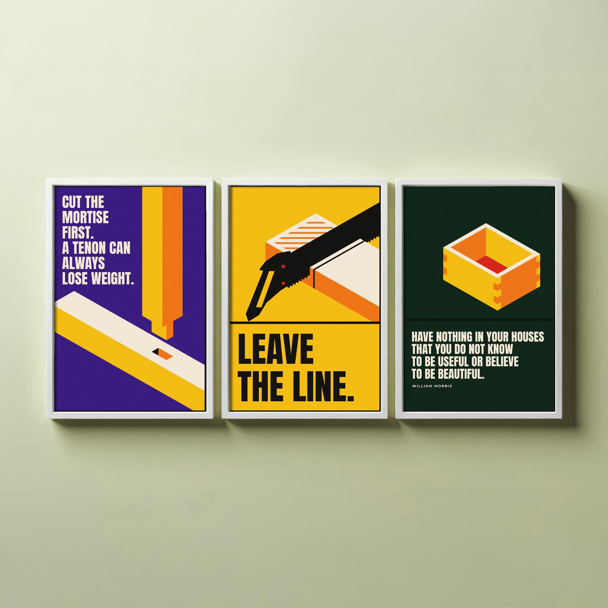 Woodworking Quotes Set of Three Art Prints - 3 Retro Bauhaus Carpentry Posters - Minimalist Craft Wall Art Illustration V2