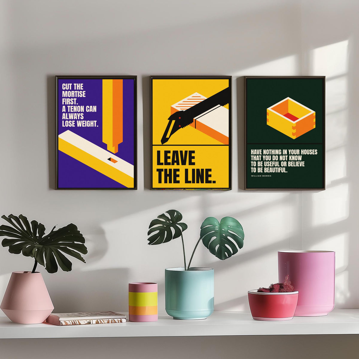 Woodworking Quotes Set of Three Art Prints - 3 Retro Bauhaus Carpentry Posters - Minimalist Craft Wall Art Illustration V2