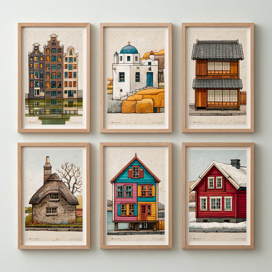 Set of Six World House Art Prints - 6 Travel Illustrations - Amsterdam, Santorini, Japan, Thatched Cottage, Nordic Cabin - Poster