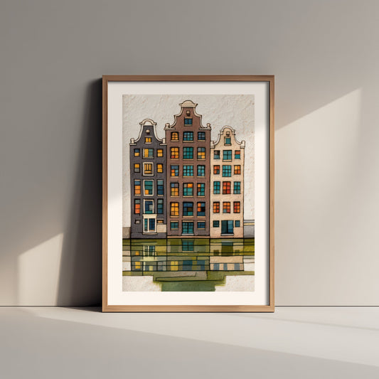 Amsterdam Canal Houses Art Print - Dutch Gabled Townhouses Poster - Colourful Textured Illustration V1 1/3
