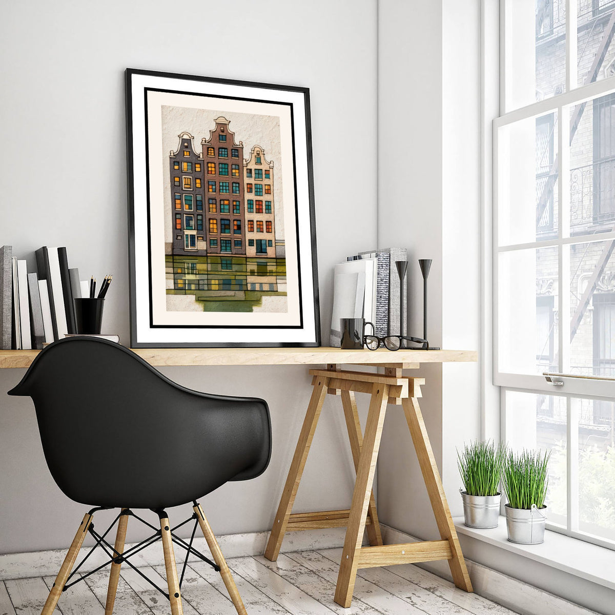 Amsterdam Canal Houses Art Print - Dutch Gabled Townhouses Poster - Colourful Textured Illustration V1 1/3