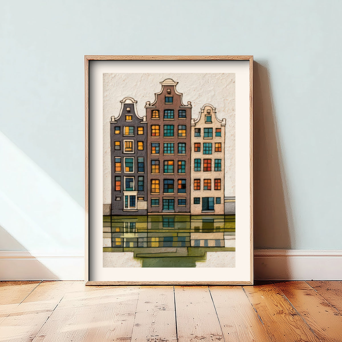 Amsterdam Canal Houses Art Print - Dutch Gabled Townhouses Poster - Colourful Textured Illustration V1 1/3