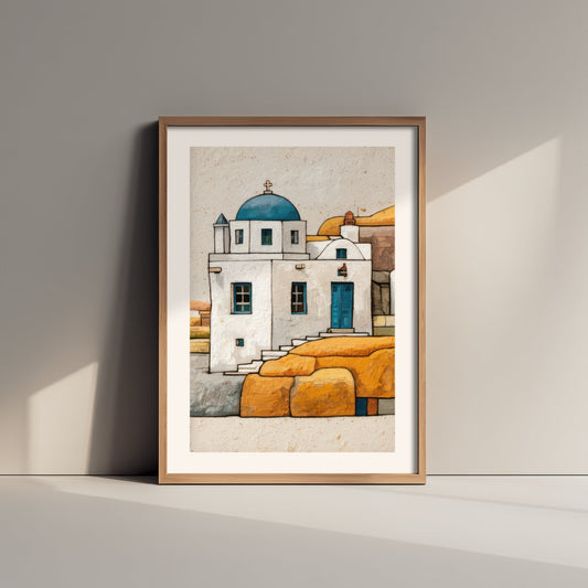 Blue Dome Santorini Chapel Illustration - Greek Island Church Art Print & Cyclades Travel Poster V1 2/3