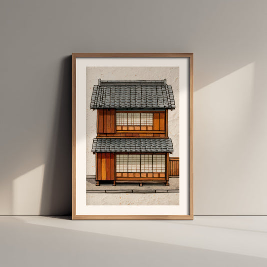 Kyoto Machiya Art Print - Japanese Wooden Townhouse Poster - Grey Tile Roof Illustration V1 3/3