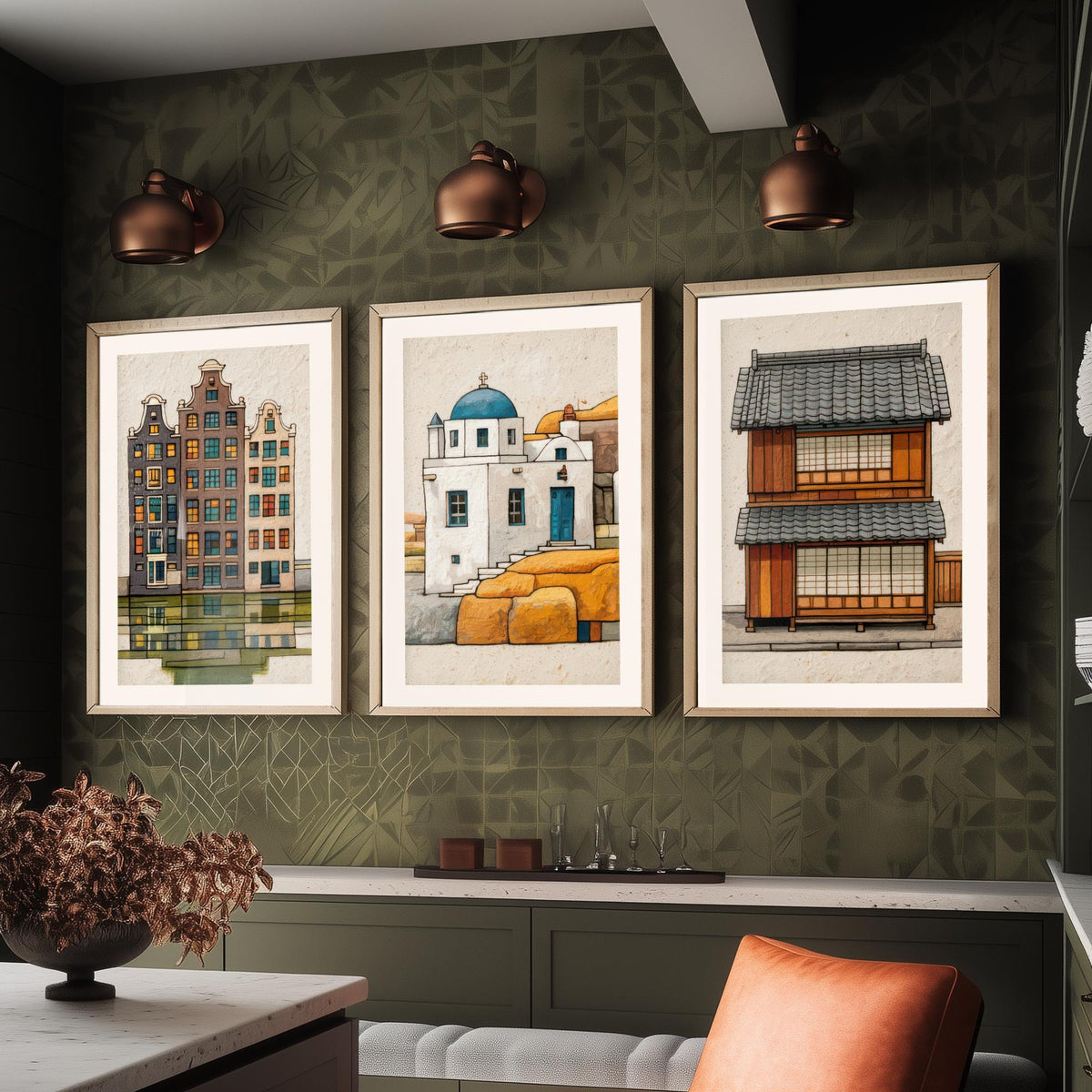 Amsterdam, Santorini & Kyoto Colourful Houses Set of Three Art Prints - Canal, Chapel, Machiya - World Architecture Poster Illustration V1