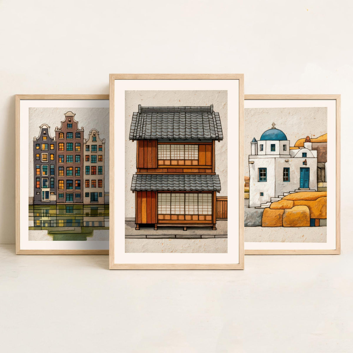Amsterdam, Santorini & Kyoto Colourful Houses Set of Three Art Prints - Canal, Chapel, Machiya - World Architecture Poster Illustration V1