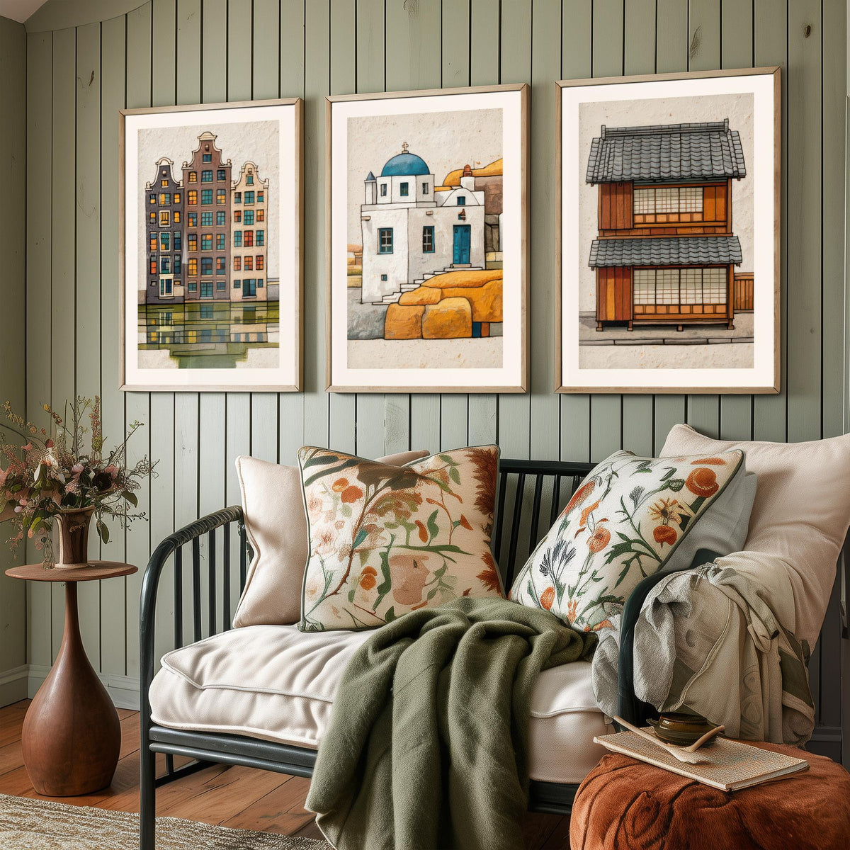 Amsterdam, Santorini & Kyoto Colourful Houses Set of Three Art Prints - Canal, Chapel, Machiya - World Architecture Poster Illustration V1