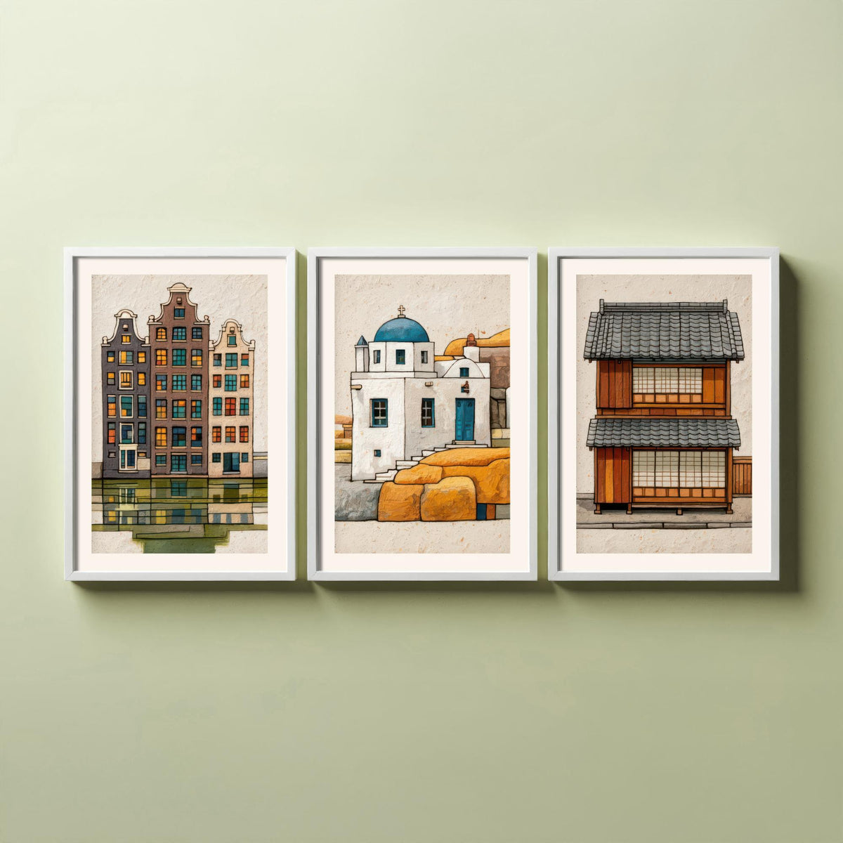 Amsterdam, Santorini & Kyoto Colourful Houses Set of Three Art Prints - Canal, Chapel, Machiya - World Architecture Poster Illustration V1
